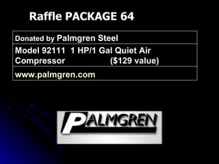 Raffle PACKAGE 64 www.palmgren.com   Model 92111  1 HP/1 Gal Quiet Air Compressor  ($129 value) Donated by  Palmgren Steel 