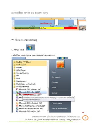 เอกสารประกอบการสอน เรื่อง สร้างเกมอาเซียนศึกษา น่ารู้ โดยใช้โปรแกรม Excel 2 
โดย ครูรุ่งนภา โรจนบุรานนท์ โรงเรียนพุขามครุฑมณีอุทิศ อ.วิเชียรบุรี จ.เพชรบูรณ์ สพม.เขต 40 
แต่ถ้าพิมพ์ชื่อเมืองหลวงผิด จะได้ 0 คะแนน ดังภาพ  เริ่มต้น สร้างเกมอาเซียนน่ารู้ 1. คลิกปุ่ม start 2. คลิกที่ Microsoft Office > Microsoft office Excel 2007  