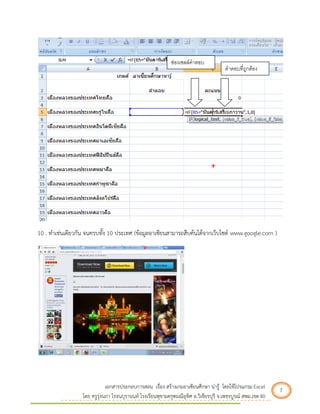เอกสารประกอบการสอน เรื่อง สร้างเกมอาเซียนศึกษา น่ารู้ โดยใช้โปรแกรม Excel 7 
โดย ครูรุ่งนภา โรจนบุรานนท์ โรงเรียนพุขามครุฑมณีอุทิศ อ.วิเชียรบุรี จ.เพชรบูรณ์ สพม.เขต 40 
10 . ทาเช่นเดียวกัน จนครบทั้ง 10 ประเทศ (ข้อมูลอาเซียนสามารถสืบค้นได้จากเว็บไซต์ www.google.com ) 
ช่องเซลล์คำตอบ 
คำตอบที่ถูกต้อง  