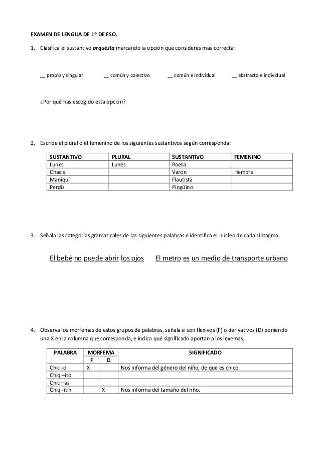 Examen Ejercicios De Lengua 1 Eso Con Soluciones EXAMEN ADAPTADO DE LENGUA DE 1º DE ESO