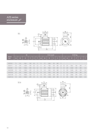 18
Motor
type
B5 B14A small B14B big
LA M N P S T LA M N P S T LA M N P S T
5AZS 63 9 115 95j6 140 9,5 3 8 75 60j6 90 M5 3
5AZS 71 10 130 110j6 160 9,5 3,5 8 85 70j6 105 M6 2,5 10 115 95j6 140 M8 3
5AZS 80 10 165 130j6 200 11,5 3,5 8 100 80j6 120 M6 3 10 130 110j6 160 M8 3,5
5AZS 90S 10 165 130j6 200 12 3,5 10 115 95j6 140 M8 3 10 130 110j6 160 M8 3,5
5AZS 90L 10 165 130j6 200 12 3,5 10 115 95j6 140 M8 3 10 130 110j6 160 M8 3,5
5AZS 100 15 215 180j6 250 15 4 10 130 110j6 160 M8 3 12 165 130j6 200 M10 3,5
5AZS 112 15 215 180j6 250 15 4 10 130 110j6 160 M8 3 12 165 130j6 200 M10 3,5
AZS series
enclosure „e“
D
F
G
GD
DB
140
55
AD
M
LD
TB
S
Over Hadstenvej 42, DK-8370 Hadsten
Tel : +45 86982111
Fax: +45 86981779
www.hoyermotors.com
Hoyer Motors
Motors All intellectual property rights and all rights in know-how in relation to this drawing may not be reproduced, stored, or transmitted in any form by any means (electronic,mechanical,photocopying, recording or otherwise) without the prior written consent of Hoyer Motors. It is to be used only fo
yer Motors and for no other purpose.
BREAK SHARP
DRAWN
CHK'D
APPV'D
MFG
Q.A
Al V1001
EDGES
NAME SIGNATURE
MATERIAL:
DO NOT SCALE DRAWING REVISION
TITLE:
5AT-90-V1
DWG NO.
SHEET 1 OF 1SCALE:1:10Kg
DEBUR AND
WEIGHT:
TIH
L
TL
LAP
TN
E
AC
D
F
G
GD
DB
140
55
AD
M
LD
Over Hadstenvej 42, DK-8370 Hadsten
Tel : +45 86982111
Fax: +45 86981779
www.hoyermotors.com
Hoyer Motors BREAK SHARP
DRAWN
CHK'D
APPV'D
DWG NO.
MFG
Q.A
EDGES
NAME SIGNATURE
MATERIAL:
DO NOT SCALE DRAWING REVISION
5AT-90-B14-V1
TITLE:
DEBUR AND
TIH
TB
S
P
N
TL
L
LA
T
E
AC
B5
B14
 