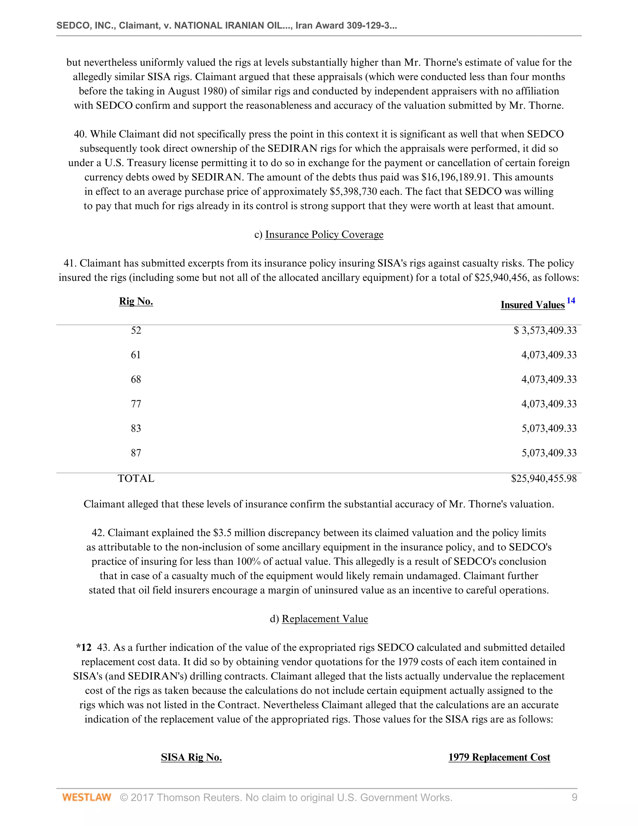 SEDCO, INC., Claimant, v. NATIONAL IRANIAN OIL..., Iran Award 309-129-3...
© 2017 Thomson Reuters. No claim to original U.S. Government Works. 9
but nevertheless uniformly valued the rigs at levels substantially higher than Mr. Thorne's estimate of value for the
allegedly similar SISA rigs. Claimant argued that these appraisals (which were conducted less than four months
before the taking in August 1980) of similar rigs and conducted by independent appraisers with no affiliation
with SEDCO confirm and support the reasonableness and accuracy of the valuation submitted by Mr. Thorne.
 
40. While Claimant did not specifically press the point in this context it is significant as well that when SEDCO
subsequently took direct ownership of the SEDIRAN rigs for which the appraisals were performed, it did so
under a U.S. Treasury license permitting it to do so in exchange for the payment or cancellation of certain foreign
currency debts owed by SEDIRAN. The amount of the debts thus paid was $16,196,189.91. This amounts
in effect to an average purchase price of approximately $5,398,730 each. The fact that SEDCO was willing
to pay that much for rigs already in its control is strong support that they were worth at least that amount.
  
c) Insurance Policy Coverage
 
41. Claimant has submitted excerpts from its insurance policy insuring SISA's rigs against casualty risks. The policy
insured the rigs (including some but not all of the allocated ancillary equipment) for a total of $25,940,456, as follows:
Rig No.
 
Insured Values 14
 
52
 
$ 3,573,409.33
 
61
 
4,073,409.33
 
68
 
4,073,409.33
 
77
 
4,073,409.33
 
83
 
5,073,409.33
 
87
 
5,073,409.33
 
TOTAL
 
$25,940,455.98
 
Claimant alleged that these levels of insurance confirm the substantial accuracy of Mr. Thorne's valuation.
 
42. Claimant explained the $3.5 million discrepancy between its claimed valuation and the policy limits
as attributable to the non-inclusion of some ancillary equipment in the insurance policy, and to SEDCO's
practice of insuring for less than 100% of actual value. This allegedly is a result of SEDCO's conclusion
that in case of a casualty much of the equipment would likely remain undamaged. Claimant further
stated that oil field insurers encourage a margin of uninsured value as an incentive to careful operations.
  
d) Replacement Value
 
*12 43. As a further indication of the value of the expropriated rigs SEDCO calculated and submitted detailed
replacement cost data. It did so by obtaining vendor quotations for the 1979 costs of each item contained in
SISA's (and SEDIRAN's) drilling contracts. Claimant alleged that the lists actually undervalue the replacement
cost of the rigs as taken because the calculations do not include certain equipment actually assigned to the
rigs which was not listed in the Contract. Nevertheless Claimant alleged that the calculations are an accurate
indication of the replacement value of the appropriated rigs. Those values for the SISA rigs are as follows:
 
SISA Rig No. 1979 Replacement Cost
 