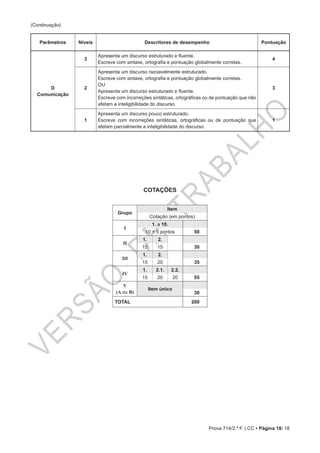 VERSÃO
DE
TRABALHO
Prova 714/2.ª F. | CC • Página 18/ 18
Parâmetros Níveis Descritores de desempenho Pontuação
D
Comunicação
3
Apresenta um discurso estruturado e fluente.
Escreve com sintaxe, ortografia e pontuação globalmente corretas.
4
2
Apresenta um discurso razoavelmente estruturado.
Escreve com sintaxe, ortografia e pontuação globalmente corretas.
OU
Apresenta um discurso estruturado e fluente.
Escreve com incorreções sintáticas, ortográficas ou de pontuação que não
afetam a inteligibilidade do discurso.
3
1
Apresenta um discurso pouco estruturado.
Escreve com incorreções sintáticas, ortográficas ou de pontuação que
afetam parcialmente a inteligibilidade do discurso.
1
COTAÇÕES
Grupo
Item
Cotação (em pontos)
I
1. a 10.
10 × 5 pontos 50
II
1. 2.
15 15 30
III
1. 2.
15 20 35
IV
1. 2.1. 2.2.
15 20 20 55
V
(A ou B)
Item único
30
TOTAL 200
(Continuação)
 