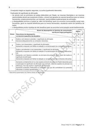 VERSÃO
DE
TRABALHO
Prova 714/2.ª F. | CC • Página 7/ 18
2. .....................................................................................................................................................	 20 pontos
A resposta integra os aspetos seguintes, ou outros igualmente relevantes.
Explicação do significado da afirmação:
–– de acordo com os princípios da justiça defendidos por Rawls, as mesmas liberdades e as mesmas
oportunidades devem ser acessíveis a todos, e devem ser gerados os maiores benefícios para os menos
favorecidos, proporcionando-lhes, por exemplo, oportunidades suplementares de educação;
–– a desigualdade promove a justiça se, além de beneficiar quem se encontra numa posição social mais
favorecida, gerar os maiores benefícios para os menos favorecidos, resultando assim em benefício de
todos;
–– a desigualdade produz injustiça se não beneficia quem se encontra numa posição social desfavorecida.
Níveis
Níveis de desempenho no domínio da comunicação
escrita em língua portuguesa
Descritores de desempenho
no domínio específico da disciplina
Níveis*
1 2 3
4
Explica, com clareza e precisão, o significado da afirmação.
Estrutura adequadamente os conteúdos relevantes.
18 19 20
3
Explica, com imprecisões, o significado da afirmação.
Apresenta a resposta com falhas na seleção e na estruturação dos conteúdos relevantes.
13 14 15
2
Explica, parcialmente e com imprecisões, o significado da afirmação.
Apresenta a resposta com falhas na seleção e na estruturação dos conteúdos relevantes.
OU
Apresenta, com clareza e precisão, os princípios da justiça de Rawls, mas não explica o
significado da afirmação.
Apresenta a resposta com falhas na seleção ou na estruturação dos conteúdos relevantes.
8 9 10
1
Apresenta corretamente um ou mais aspetos da teoria da justiça de Rawls relevantes para
a explicação do significado da afirmação (por exemplo, referindo aspetos do princípio da
diferença), mas não explica o significado da afirmação.
Apresenta conteúdos irrelevantes ou incorretos, mas que não contradizem os conteúdos
relevantes e corretos apresentados.
3 4 5
* Descritores apresentados nos Critérios Gerais de Classificação.
 