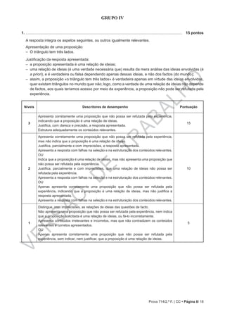 VERSÃO
DE
TRABALHO
Prova 714/2.ª F. | CC • Página 8/ 18
GRUPO IV
1. .....................................................................................................................................................	 15 pontos
A resposta integra os aspetos seguintes, ou outros igualmente relevantes.
Apresentação de uma proposição:
–– O triângulo tem três lados.
Justificação da resposta apresentada:
–– a proposição apresentada é uma relação de ideias;
–– uma relação de ideias (é uma verdade necessária que) resulta da mera análise das ideias envolvidas (é
a priori), e é verdadeira ou falsa dependendo apenas dessas ideias, e não dos factos (do mundo);
–– assim, a proposição «o triângulo tem três lados» é verdadeira apenas em virtude das ideias envolvidas,
quer existam triângulos no mundo quer não; logo, como a verdade de uma relação de ideias não depende
de factos, aos quais teríamos acesso por meio da experiência, a proposição não pode ser refutada pela
experiência.
Níveis Descritores de desempenho Pontuação
3
Apresenta corretamente uma proposição que não possa ser refutada pela experiência,
indicando que a proposição é uma relação de ideias.
Justifica, com clareza e precisão, a resposta apresentada.
Estrutura adequadamente os conteúdos relevantes.
15
2
Apresenta corretamente uma proposição que não possa ser refutada pela experiência,
mas não indica que a proposição é uma relação de ideias.
Justifica, parcialmente e com imprecisões, a resposta apresentada.
Apresenta a resposta com falhas na seleção e na estruturação dos conteúdos relevantes.
OU
Indica que a proposição é uma relação de ideias, mas não apresenta uma proposição que
não possa ser refutada pela experiência.
Justifica, parcialmente e com imprecisões, que uma relação de ideias não possa ser
refutada pela experiência.
Apresenta a resposta com falhas na seleção e na estruturação dos conteúdos relevantes.
OU
Apenas apresenta corretamente uma proposição que não possa ser refutada pela
experiência, indicando que a proposição é uma relação de ideias, mas não justifica a
resposta apresentada.
Apresenta a resposta com falhas na seleção e na estruturação dos conteúdos relevantes.
10
1
Distingue, com imprecisões, as relações de ideias das questões de facto.
Não apresenta uma proposição que não possa ser refutada pela experiência, nem indica
que a proposição solicitada é uma relação de ideias, ou fá-lo incorretamente.
Apresenta conteúdos irrelevantes e incorretos, mas que não contradizem os conteúdos
relevantes e corretos apresentados.
OU
Apenas apresenta corretamente uma proposição que não possa ser refutada pela
experiência, sem indicar, nem justificar, que a proposição é uma relação de ideias.
5
 