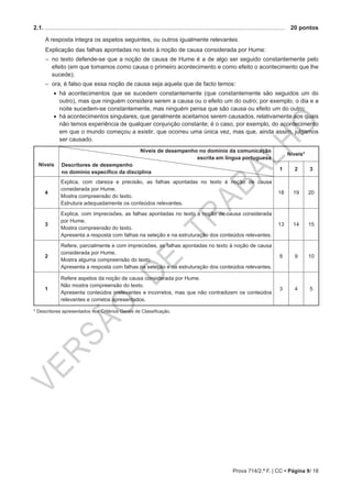 VERSÃO
DE
TRABALHO
Prova 714/2.ª F. | CC • Página 9/ 18
2.1. ..................................................................................................................................................	 20 pontos
A resposta integra os aspetos seguintes, ou outros igualmente relevantes.
Explicação das falhas apontadas no texto à noção de causa considerada por Hume:
–– no texto defende-se que a noção de causa de Hume é a de algo ser seguido constantemente pelo
efeito (em que tomamos como causa o primeiro acontecimento e como efeito o acontecimento que lhe
sucede);
–– ora, é falso que essa noção de causa seja aquela que de facto temos:
•• há acontecimentos que se sucedem constantemente (que constantemente são seguidos um do
outro), mas que ninguém considera serem a causa ou o efeito um do outro; por exemplo, o dia e a
noite sucedem-se constantemente, mas ninguém pensa que são causa ou efeito um do outro;
•• há acontecimentos singulares, que geralmente aceitamos serem causados, relativamente aos quais
não temos experiência de qualquer conjunção constante; é o caso, por exemplo, do acontecimento
em que o mundo começou a existir, que ocorreu uma única vez, mas que, ainda assim, julgamos
ser causado.
Níveis
Níveis de desempenho no domínio da comunicação
escrita em língua portuguesa
Descritores de desempenho
no domínio específico da disciplina
Níveis*
1 2 3
4
Explica, com clareza e precisão, as falhas apontadas no texto à noção de causa
considerada por Hume.
Mostra compreensão do texto.
Estrutura adequadamente os conteúdos relevantes.
18 19 20
3
Explica, com imprecisões, as falhas apontadas no texto à noção de causa considerada
por Hume.
Mostra compreensão do texto.
Apresenta a resposta com falhas na seleção e na estruturação dos conteúdos relevantes.
13 14 15
2
Refere, parcialmente e com imprecisões, as falhas apontadas no texto à noção de causa
considerada por Hume.
Mostra alguma compreensão do texto.
Apresenta a resposta com falhas na seleção e na estruturação dos conteúdos relevantes.
8 9 10
1
Refere aspetos da noção de causa considerada por Hume.
Não mostra compreensão do texto.
Apresenta conteúdos irrelevantes e incorretos, mas que não contradizem os conteúdos
relevantes e corretos apresentados.
3 4 5
* Descritores apresentados nos Critérios Gerais de Classificação.
 