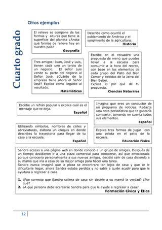 12
Otros ejemplos
Tres amigos: Juan, José y Luis,
tienen cada uno un tercio de
un negocio. El señor Luis
vende su parte del negocio al
Señor José. ¿Cuánto de la
empresa tiene ahora el Señor
José? Explica como llegaste al
resultado.
Matemáticas
Explica tres formas de jugar con
una pelota en el patio de la
escuela.
Educación Física
El relieve se compone de las
formas y alturas que tiene la
superficie del planeta ¿Anota
qué formas de relieve hay en
nuestro país?
Geografía
Sandra acceso a una página web en donde conoció a un grupo de amigas. Después de
un tiempo decidieron ir a una plaza comercial para conocerse, así que emocionada
porque conocería personalmente a sus nuevas amigas, decidió salir de casa diciendo a
su mamá que iría a casa de su mejor amiga para hacer una tarea.
Sandra nunca imaginó que la plaza se encontrara tan lejos de casa y que se le
dificultaría llegar, ahora Sandra estaba perdida y no sabía a quién acudir para que le
ayudara a regresar a casa.
1. ¿Fue correcto que Sandra saliera de casa sin decirle a su mamá la verdad? ¿Por
qué?
2. ¿A qué persona debe acercarse Sandra para que le ayude a regresar a casa?
Formación Cívica y Ética
Escribe un refrán popular y explica cuál es el
mensaje que te deja.
Español
Cuartogrado
Escribe en el recuadro una
propuesta de menú que puedes
llevar a la escuela para
consumir a la hora del recreo,
con base en los elementos de
cada grupo del Plato del Bien
Comer y bebidas de la Jarra del
Bien Beber.
Explica el por qué de tu
propuesta.
Ciencias Naturales
Describe como ocurrió el
poblamiento de América y el
surgimiento de la agricultura.
Historia
Utilizando símbolos, nombres de calles y
abreviaturas, elabora un croquis en donde
describas la trayectoria para llegar de tu
casa a la escuela.
Español
Imagina que eres un conductor de
un programa de noticias. Redacta
una nota periodística que te gustaría
compartir, tomando en cuenta todos
sus elementos.
Español
 