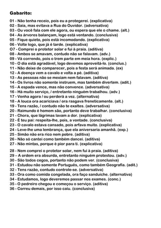 Gabarito:
01 - Não tenha receio, pois eu a protegerei. (explicativa)
02 - Saía, mas evitava a Rua do Ouvidor. (adversativa)
03 - Ou você fala com ele agora, ou espera que ele o chame. (alt.)
04 - As árvores balançam, logo está ventando. (conclusiva)
05 - Fique quieto, pois está incomodando. (explicativa)
06 - Volte logo, que já é tarde. (explicativa)
O7 - Comprei o protetor solar e fui à praia. (aditiva)
08 - Ambos se amavam, contudo não se falavam. (adv.)
09 - Vá correndo, pois o trem parte em meia hora. (explic.)
10 - O dia está agradável, logo devemos aproveitá-lo. (conclus.)
11 - Não deixe de comparecer, pois a festa será animada. (ex)
12 - A doença vem a cavalo e volta a pé. (aditiva)
13 - As pessoas não se mexiam nem falavam. (aditiva)
14 - Os livros não somente instruem, mas também divertem. (adit.)
15 - A espada vence, mas não convence. (adversativa)
16 - Há muito serviço, / entretanto ninguém trabalhou. (adv.)
17 - Venha agora / ou perderá a vez. (alternativa)
18 - A louca ora acariciava / ora rasgava freneticamente. (alt.)
19 - Tens razão, / contudo não te exaltes. (adversativa)
20 - Raimundo é homem são, portanto deve trabalhar. (conclusiva)
21 - Chora, que lágrimas lavam a dor. (explicativa)
22 - É teu pai: respeita-lhe, pois, a vontade. (conclusiva)
23 - O cavalo estava cansado, pois arfava muito. (explicativa)
24 - Leve-lhe uma lembrança, que ela aniversaria amanhã. (exp.)
25 - Simão não era rico nem pobre. (aditiva)
26 - Não só cantei como também dancei. (aditiva)
27 - Não mintas, porque é pior para ti. (explicativa)
28 - Nem comprei o protetor solar, nem fui à praia. (aditiva)
29 – A ordem era absurda, entretanto ninguém protestou. (adv.)
30 - São todos cegos, portanto não podem ver. (conclusiva)
31 - Estudou não somente Português, como também Geografia. (adit.)
32 - Tens razão, contudo controle-se. (adversativa)
33 - Ora como comida congelada, ora faço sanduíche. (alternativa)
34 - Estudamos, logo deveremos passar nos exames. (conc.)
35 - O pedreiro chegou e começou o serviço. (aditiva)
36 - Correu demais, por isso caiu. (conclusiva)
 