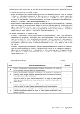 Prova 639/1.ª F. | CC • Página 12/ 16
7. .................................................................................................................................................... 13 pontos
Relativamente a cada aspeto, deve ser abordado um dos tópicos seguintes, ou outro igualmente relevante.
Os poemas aproximam-se, na medida em que:
−
− 
ambos os sujeitos poéticos revelam uma profunda devoção pelas suas senhoras, o que se evidencia
no facto de o sujeito poético do soneto de Camões descrever a amada como aquela a quem deu
«a vida e alma e esperança / e tudo quanto tenho, tudo é vosso» (vv. 9 e 10), enquanto o sujeito poético
da cantiga de amor descreve a amada como a luz dos seus olhos (v. 4)/aquela que ama mais do que a
si mesmo (v. 10)/aquela a quem serve/presta vassalagem (v. 1);
−
− 
ambos os sujeitos poéticos enaltecem as damas por quem estão apaixonados, destacando a sua beleza,
o que está patente no facto de o sujeito poético do soneto de Camões descrever a «Senhora» como
alguém cujos olhos belos fascinam quem a vê («o lindo ser de vossos olhos belos, / se não perder a
vista só em vê-los» – vv. 2 e 3), enquanto o sujeito poético da cantiga de amor descreve a amada como
um ser criado por Deus, que a fez a mais bela de todas as mulheres (vv. 7 e 8).
Os poemas distinguem-se, na medida em que:
−
− 
no soneto, o sujeito poético exprime comprazimento na entrega total de si à dama, o que se evidencia,
por exemplo, nos versos 7 e 8 («dei mais a vida e alma por querê-los, / donde já me não fica mais de
resto.») e nos versos 12 e 13 («é tamanha bem-aventurança / o dar-vos quanto tenho e quanto posso»),
enquanto, na cantiga de amor, o sujeito poético expressa o seu sofrimento amoroso (coita d’amor),
pedindo a Deus que lhe dê a morte, se não puder ver a amada (vv. 2 e 3, 5 e 6, 8 e 9) ou com ela falar
(vv. 11 e 12);
−
− 
no soneto, o sujeito poético faz referência aos olhos femininos para enfatizar a beleza da «Senhora»,
como se constata em «Quem vê, Senhora, claro e manifesto / o lindo ser de vossos olhos belos» (vv. 1
e 2), enquanto, na cantiga de amor, o sujeito poético se refere aos seus próprios olhos para evidenciar
o seu sofrimento devido à ausência da amada, como se verifica em «destes olhos meus / e por que
choram sempr’» (vv. 4 e 5).
• Aspetos de conteúdo (C) ..................................................................................... 8 pontos
Níveis Descritores de desempenho Pontuação
4
Explicita, adequadamente, um aspeto em que os poemas se aproximam e um aspeto em
que os poemas se distinguem quanto às ideias expressas.
8
3
Explicita um aspeto em que os poemas se aproximam e um aspeto em que os poemas se
distinguem quanto às ideias expressas, adequadamente num dos casos e com pequenas
imprecisões e/ou omissões no outro caso.
6
2
Explicita um aspeto em que os poemas se aproximam e um aspeto em que os poemas
se distinguem quanto às ideias expressas, com pequenas imprecisões e/ou omissões em
ambos os casos.
OU
Explicita, adequadamente, apenas um aspeto em que os poemas se aproximam ou
apenas um aspeto em que os poemas se distinguem quanto às ideias expressas.
4
1
Explicita, com pequenas imprecisões e/ou omissões, apenas um aspeto em que os
poemas se aproximam ou apenas um aspeto em que os poemas se distinguem quanto
às ideias expressas.
2
 