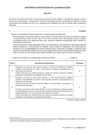 Prova 639/1.ª F. | CC • Página 4/ 16
CRITÉRIOS ESPECÍFICOS DE CLASSIFICAÇÃO
GRUPO I
Nos tópicos de resposta de cada item, as expressões separadas por barras oblíquas ‒ à exceção das utilizadas no interior
de cada uma das transcrições ‒ correspondem a exemplos de formulações possíveis, apresentadas em alternativa. As ideias
apresentadas entre parênteses não têm de ser obrigatoriamente mobilizadas para que as respostas sejam consideradas
adequadas.
1. .................................................................................................................................................... 13 pontos
Devem ser abordados os tópicos seguintes, ou outros igualmente relevantes.
−
− 
Marcenda adota uma atitude passiva, nunca usando a mão esquerda (que trata com extremo cuidado
e que permanece inerte, no seu colo ou em cima da mesa, como se estivesse morta), ao passo
que Baltasar adota uma atitude pró-ativa, pois, apesar da aparente incapacidade física, trabalha na
construção da passarola;
−
− 
enquanto Marcenda revela resignação face à sua dependência, necessitando de ajuda para executar
tarefas quotidianas, como alimentar-se, Baltasar revela vontade de ultrapassar os condicionalismos
inerentes à sua situação/Baltasar faz da sua fraqueza força, recorrendo ao espigão e ao gancho para
executar autonomamente tarefas penosas e que exigem força (embora aceite a ajuda de Blimunda para
limpar as costas da mão direita e para realizar trabalhos que exijam alguma minúcia e precisão).

• Aspetos de conteúdo e de estruturação do discurso (C-ED)1 ............................. 10 pontos
Níveis Descritores de desempenho Pontuação
5
Compara, com base em dois aspetos distintos, o modo como Marcenda e Baltasar
reagem à impossibilidade de usarem a mão esquerda, abordando, adequadamente, os
dois tópicos de resposta.
Utiliza mecanismos de coesão textual que, apesar da eventual ocorrência de falhas,
asseguram a progressão e o encadeamento das ideias.
10
4
Compara, com base em dois aspetos distintos, o modo como Marcenda e Baltasar
reagem à impossibilidade de usarem a mão esquerda, abordando, adequadamente, os
dois tópicos de resposta.
Utiliza mecanismos de coesão textual com falhas que comprometem a progressão e o
encadeamento das ideias.
OU
Compara, com base em dois aspetos distintos, o modo como Marcenda e Baltasar reagem
à impossibilidade de usarem a mão esquerda, abordando os dois tópicos de resposta, um
adequadamente e outro com pequenas imprecisões e/ou omissões.
Utiliza mecanismos de coesão textual que, apesar da eventual ocorrência de falhas,
asseguram a progressão e o encadeamento das ideias.
8
(Continua na página seguinte)
1 Os descritores de desempenho definidos para este parâmetro devem ser considerados em articulação com os Critérios
Gerais de Classificação relativos à estruturação do discurso (p. 2).
 