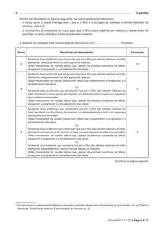 Prova 639/1.ª F. | CC • Página 6/ 16
2. .................................................................................................................................................... 13 pontos
Devem ser abordados os tópicos seguintes, ou outros igualmente relevantes:
−
− 
o modo como o criado interage com o pai e a filha é o de quem já conhece a família («familiar de
modos» – linha 3);
−
− 
a comida vem já preparada da copa, para que a filha possa ingeri-la sem esforço (o peixe limpo de
espinhas, a carne cortada e a fruta descascada e aberta).
• Aspetos de conteúdo e de estruturação do discurso (C-ED)1.............................. 10 pontos
Níveis Descritores de desempenho Pontuação
5
Apresenta duas evidências que comprovam que pai e filha são clientes habituais do hotel,
abordando, adequadamente, os dois tópicos de resposta.
Utiliza mecanismos de coesão textual que, apesar da eventual ocorrência de falhas,
asseguram a progressão e o encadeamento das ideias.
10
4
Apresenta duas evidências que comprovam que pai e filha são clientes habituais do hotel,
abordando, adequadamente, os dois tópicos de resposta.
Utiliza mecanismos de coesão textual com falhas que comprometem a progressão e o
encadeamento das ideias.
OU
Apresenta duas evidências que comprovam que pai e filha são clientes habituais do
hotel, abordando os dois tópicos de resposta, um adequadamente e outro com pequenas
imprecisões e/ou omissões.
Utiliza mecanismos de coesão textual que, apesar da eventual ocorrência de falhas,
asseguram a progressão e o encadeamento das ideias.
8
3
Apresenta duas evidências que comprovam que pai e filha são clientes habituais do
hotel, abordando os dois tópicos de resposta, um adequadamente e outro com pequenas
imprecisões e/ou omissões.
Utiliza mecanismos de coesão textual com falhas que comprometem a progressão e o
encadeamento das ideias.
OU
Apresenta duas evidências que comprovam que pai e filha são clientes habituais do hotel,
abordando os dois tópicos de resposta, ambos com pequenas imprecisões e/ou omissões.
Utiliza mecanismos de coesão textual que, apesar da eventual ocorrência de falhas,
asseguram a progressão e o encadeamento das ideias.
OU
Apresenta uma evidência que comprova que pai e filha são clientes habituais do hotel,
abordando, adequadamente, apenas um dos tópicos de resposta.
Utiliza mecanismos de coesão textual que, apesar da eventual ocorrência de falhas,
asseguram a progressão e o encadeamento das ideias.
6
(Continua na página seguinte)
1 Os descritores de desempenho definidos para este parâmetro devem ser considerados em articulação com os Critérios
Gerais de Classificação relativos à estruturação do discurso (p. 2).
 