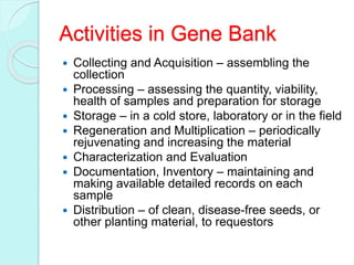 Activities in Gene Bank
 Collecting and Acquisition – assembling the
collection
 Processing – assessing the quantity, viability,
health of samples and preparation for storage
 Storage – in a cold store, laboratory or in the field
 Regeneration and Multiplication – periodically
rejuvenating and increasing the material
 Characterization and Evaluation
 Documentation, Inventory – maintaining and
making available detailed records on each
sample
 Distribution – of clean, disease-free seeds, or
other planting material, to requestors
 