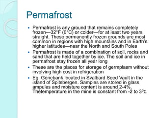Permafrost
 Permafrost is any ground that remains completely
frozen—32°F (0°C) or colder—for at least two years
straight. These permanently frozen grounds are most
common in regions with high mountains and in Earth’s
higher latitudes—near the North and South Poles
 Permafrost is made of a combination of soil, rocks and
sand that are held together by ice. The soil and ice in
permafrost stay frozen all year long
 These are the places for storage of germplasm without
involving high cost in refrigeration
 Eg. Genebank located in Svalbard Seed Vault in the
island of Spitsbergen. Samples are stored in glass
ampules and moisture content is around 2-4%.
Thetemperature in the mine is constant from -2 to 3⁰C.
 