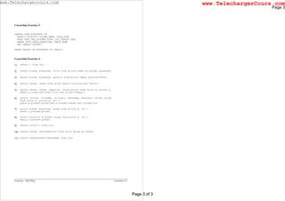 Exercices – SQL*Plus Correction 3/3
Correction Exercice 3
CREATE VIEW ATTRIBUTS AS
SELECT DISTINCT COLUMN_NAME, DATA_TYPE
FROM USER_TAB_COLUMNS ATTR, ALL_TABLES TABL
WHERE ATTR.TABLE_NAME=TABL.TABLE_NAME
AND OWNER=’DUPONT’;
GRANT SELECT ON ATTRIBUTS TO PUBLIC;
Correction Exercice 4
1) select * from vol;
2) select plnom, plprenom, ville from pilote order by plnom, plprenom;
3) select plnom, plprenom, salaire from pilote where salaire>20000;
4) select avnum, avnom from avion where localisation='Paris';
5) select avnum, avnom, capacite, localisation from avion a, pilote p
where a.localisation=p.ville and plnom='Tanguy';
6) select volnum, villedep, villearr, heuredep, heurearr, avnom, plnom
from avion a, pilote p, vol v
where p.plnum=v.plnum and a.avnum=v.avnum and volnum=714;
7) select plnom, plprenom, avnum from pilote p, vol v
where v.plnum=p.plnum;
8) select distinct a.avnum, avnom from avion a, vol v
where a.avnum=v.avnum;
9) select count(*) from vol;
10) select avnom, sum(capacite) from avion group by avnom;
11) select avg(heurearr-heuredep) from vol;
Page 3 of 3
Page 3
www.TelechargerCours.com
Page 3 of 3
www.Telechargercours.com
 