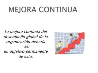 La mejora continua del
desempeño global de la
organización debería
ser
un objetivo permanente
de ésta.
 