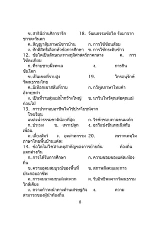 ข. สาธินีอ่านศิลาจารึก 18. วัฒนธรรมข้อใด รับมาจาก
ชาวตะวันตก
ค. สัญญาสัมภาษณ์ชาวบ้าน ก. การใช้ช้อนส้อม
ง. ศักดิ์สิทธิ์เลือกหัวข้อการศึกษา ข. การใช้กระติบข้าว
12. ข้อใดเป็นลักษณะทางภูมิศาสตร์ภาคกลาง ค. การ
ใช้ตะเกียบ
ก. ที่ราบชายฝั่งทะเล ง. การกิน
ขันโตก
ข. เป็นเขตที่ราบสูง 19. ใครอนุรักษ์
วัฒนธรรมไทย
ค. มีเทือกเขาสลับที่ราบ ก. กวีพูดภาษาไทยคำา
อังกฤษคำา
ง. เป็นที่ราบลุ่มแม่นำ้ากว้างใหญ่ ข. นาวินไหว้คุณพ่อคุณแม่
ก่อนไป
13. การประกอบอาชีพใดใช้ประโยชน์จาก
โรงเรียน
แหล่งนำ้าธรรมชาติน้อยที่สุด ค. วีรชัยชอบทานขนมเค้ก
ก. ประมง ข. เพาะปลูก ง. อรวีแข่งขันเทนนิสกับ
เพื่อน
ค. เลี้ยงสัตว์ ง. อุตสาหกรรม 20. เพราะเหตุใด
ภาษาไทยพื้นบ้านแต่ละ
14. ข้อใดไม่ใช่สาเหตุสำาคัญของการย้ายถิ่น ท้องถิ่น
แตกต่างกัน
ก. การได้รับการศึกษา ก. ความชอบของแต่ละท้อง
ถิ่น
ข. ความอุดมสมบูรณ์ของพื้นที่ ข. สภาพสังคมและการ
ประกอบอาชีพ
ค. การคมนาคมขนส่งสะดวก ค. รับอิทธิพลจากวัฒนธรรม
ใกล้เคียง
ง. ความก้าวหน้าทางด้านเศรษฐกิจ ง. ความ
สามารถของผู้นำาท้องถิ่น
8
 