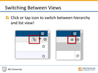 MC University
Switching Between Views
Click or tap icon to switch between hierarchy
and list view!
 