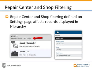 MC University
Repair Center and Shop Filtering
Repair Center and Shop filtering defined on
Settings page affects records displayed in
Hierarchy
 