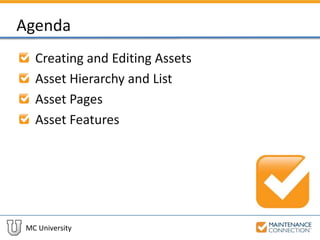 MC University
Agenda
Creating and Editing Assets
Asset Hierarchy and List
Asset Pages
Asset Features
 