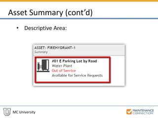 MC University
Asset Summary (cont’d)
• Descriptive Area:
 