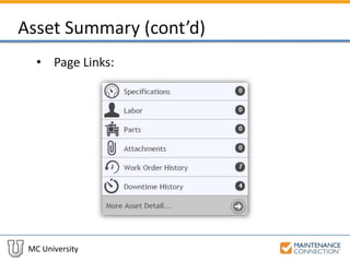 MC University
Asset Summary (cont’d)
• Page Links:
 