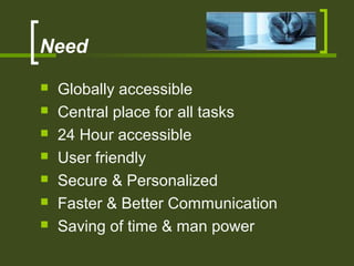 Need
 Globally accessible
 Central place for all tasks
 24 Hour accessible
 User friendly
 Secure & Personalized
 Faster & Better Communication
 Saving of time & man power
 