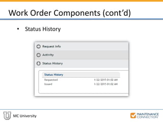 MC University
Work Order Components (cont’d)
• Status History
 