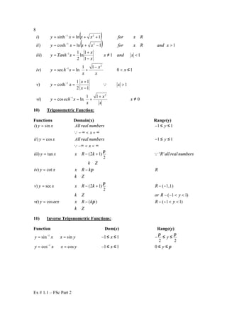 Ex # 1.1 – FSc Part 2
8
( )
( )
0
11
lncos)
1
1
1
2
1
coth)
10
11
lnsec)
11
1
1
ln
2
1
)
11lncosh)
1lnsinh)
2
1
1
2
1
1
21
21
≠







 +
+==
>
−
+
==
≤<







 −
+==
<≠
−
+
==
>∈∀−+==
∈∀++==
−
−
−
−
−
−
x
x
x
x
xechyvi
x
x
x
xyv
x
x
x
x
xhyiv
xandx
x
x
xTanhyiii
xandRxforxxxyii
Rxforxxxyi
Q
10) Trigonometric Function:
Functions Domain(x) Range(y)
) sin 1 1
) cos 1 1
i y x All real numbers y
x
ii y x All real numbers y
x
= − ≤ ≤
− ∞ < + ∞
= − ≤ ≤
−∞ < < ∞
Q
Q
) tan (2 1) ' '
2
) cot
) sec (2 1) ( 1,1)
2
( 1 1)
) cos ( ) ( 1 1)
iii y x x R k R all real numbers
k Z
iv y x x R k R
k Z
v y x x R k R
k Z or R y
vi y ecx x R k R y
k Z
π
π
π
π
= ∈ − +
∈
= ∈ −
∈
= ∈ − + − −
∈ − − < <
= ∈ − − − < <
∈
Q
11) Inverse Trigonometric Functions:
Function Dom(x) Range(y)
π
ππ
≤≤≤≤−=⇔=
≤≤−≤≤−=⇔=
−
−
yxyxxy
yxyxxy
011coscos
22
11sinsin
1
1
 