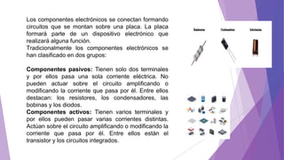Los componentes electrónicos se conectan formando
circuitos que se montan sobre una placa. La placa
formará parte de un dispositivo electrónico que
realizará alguna función.
Tradicionalmente los componentes electrónicos se
han clasificado en dos grupos:
Componentes pasivos: Tienen solo dos terminales
y por ellos pasa una sola corriente eléctrica. No
pueden actuar sobre el circuito amplificando o
modificando la corriente que pasa por él. Entre ellos
destacan: los resistores, los condensadores, las
bobinas y los diodos.
Componentes activos: Tienen varios terminales y
por ellos pueden pasar varias corrientes distintas.
Actúan sobre el circuito amplificando o modificando la
corriente que pasa por él. Entre ellos están el
transistor y los circuitos integrados.
 