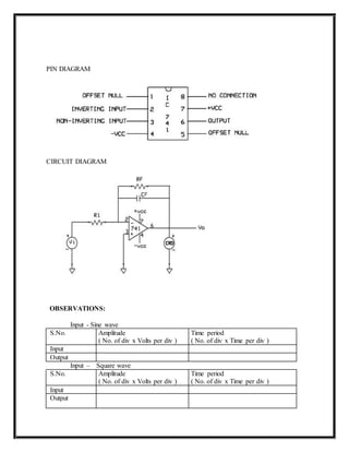 PIN DIAGRAM
CIRCUIT DIAGRAM
OBSERVATIONS:
Input - Sine wave
S.No. Amplitude Time period
( No. of div x Volts per div ) ( No. of div x Time per div )
Input
Output
Input – Square wave
S.No. Amplitude Time period
( No. of div x Volts per div ) ( No. of div x Time per div )
Input
Output
 