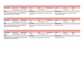 TIFF
COMPRESSIÓ RESOLUCIÓ DIMENSIONS PES MIDA CANALS ALFA CAPES COLOR MODE
No 300 píxels/pulsada 2736 x 3648 4,8 MB 231,6 x 308,8 mm Sí Sí 8 bits/canal RGB
PROS CONTRES ESPECIFITATS
No es pot utilitzar en dispositius web ni adjuntar en correu, i
pesa molt.
Blanc i negre com a capa, així es pot recuperar el color.
Utilització de canals alfa
Arxiu de alta qualitat, sistema de color preferible per
editorials. Ideal per còpies posteriors.
TIFF
COMPRESSIÓ RESOLUCIÓ DIMENSIONS PES MIDA CANALS ALFA CAPES COLOR MODE
LZW 300 píxels/pulsada 2736 x 3648 13 MB 231,6 x 308,8 mm No No 8 bits/canal RGB
PROS CONTRES ESPECIFITATS
No es pot utilitzar en dispositius web ni adjuntar en correu, i
pesa molt.
Compresió reversible.Arxiu de alta qualitat, sistema de color preferible per
editorials. Ideal per còpies posteriors
JPEG
COMPRESSIÓ RESOLUCIÓ DIMENSIONS PES MIDA CANALS ALFA CAPES COLOR MODE
Matricial 300 píxels/polsada 2736 x 3648 1,8 MB 231,6 x 308,8 mm No No 8 bits/canal RGB
PROS CONTRES ESPECIFITATS
No manté capes, i perdua irreversible de informació Guardat amb qualitat 12.Lleugeressa d’arxiu, per guardar-lo quan ja està editat.

Comptavilitat amb sistemes i web
 