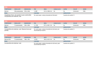 JPEG
COMPRESSIÓ RESOLUCIÓ DIMENSIONS PES MIDA CANALS ALFA CAPES COLOR MODE
Matricial 300 píxels/polsada 2736 x 3648 1,8 MB 231,6 x 308,8 mm No No 8 bits/canal RGB
PROS CONTRES ESPECIFITATS
No manté capes, i perdua irreversible de informació Guardat amb qualitat 12.Lleugeressa d’arxiu, per guardar-lo quan ja està editat.

Comptavilitat amb sistemes i web
JPEG
COMPRESSIÓ RESOLUCIÓ DIMENSIONS PES MIDA CANALS ALFA CAPES COLOR MODE
Matricial 72 píxels/polsada 1920 x 2560 14,1 MB 677,3 x 903,1 mm No No 8 bits/canal RGB
PROS CONTRES ESPECIFITATS
No manté capes, i perdua irreversible de informació, poc
recomenable per imprimir.
Guardat amb qualitat 12.Comptavilitat amb sistemes i web. Resolució bona per
pantalla
JPEG
COMPRESSIÓ RESOLUCIÓ DIMENSIONS PES MIDA CANALS ALFA CAPES COLOR MODE
Matricial 50% 72 píxels/polsada 1368 x 1824 143 KB 482,6 x 643,4 mm No No 8 bits/canal RGB
PROS CONTRES ESPECIFITATS
No manté capes, i perdua irreversible de informació, gens
recomenable per imprimir.
Guardat amb qualitat 12.Comptavilitat amb sistemes i web.
 