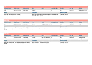 GIF
COMPRESSIÓ RESOLUCIÓ DIMENSIONS PES MIDA CANALS ALFA CAPES COLOR MODE
LZW 72 píxels/polsada 2736 x 3648 246 KB Sí No 8 bits/píxel INDEXAT (2 colors)
PROS CONTRES ESPECIFITATS
Arxiu reduit amb pèrdua cromàtica vident, no recomenat per
fotograﬁa. Efecte granulat.
Canal alfa aplicat.Apte per web, animacions i icones.
PNG (24)
COMPRESSIÓ RESOLUCIÓ DIMENSIONS PES MIDA CANALS ALFA CAPES COLOR MODE
LZW 72 píxels/polsada 2736 x 3648 4,9 MB 965,2 x 1286,9 mm Sí No 8 bits/píxel RGB
PROS CONTRES ESPECIFITATS
Arxiu reduit, no apte per fotograﬁa. Canal alfa aplicat.Apte per context web. Pot tenir transparències. Pèrdua
baixa.
PNG (8)
COMPRESSIÓ RESOLUCIÓ DIMENSIONS PES MIDA CANALS ALFA CAPES COLOR MODE
LZW 72 píxels/polsada 2736 x 3648 1,4 MB 965,2 x 1286,9 mm Sí No 8 bits/píxel INDEXAT (256
colors)
PROS CONTRES ESPECIFITATS
Arxiu molt reduit, no apte per fotograﬁa. Canal alfa aplicat.Apte per context web. Pot tenir transparències. Pèrdua
baixa.
 
