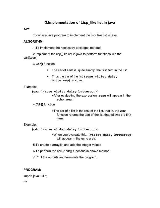 Ex3 lisp likelist in java pdf