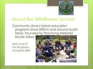 About the Wildflower School
Community driven herbal education programs since
2003 in and around Austin Texas. Founded by
Practicing Herbalist, Nicole Telkes who has
been teaching in
Central Texas since
2000. Community
program began in
2005 & Clinical in 2013
Here is one of
The first groups
of students 2005
 