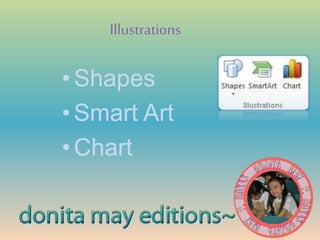 Illustrations
•Shapes
•Smart Art
•Chart
 