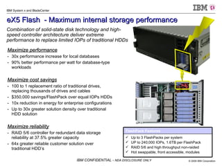 eX5 Flash  - Maximum internal storage performance   Maximize performance 30x performance increase for local databases 90% better performance per watt for database-type workloads Maximize cost savings 100 to 1 replacement ratio of traditional drives, replacing thousands of drives and cables  $350,000 savings/FlashPack over equal IOPs HDDs 10x reduction in energy for enterprise configurations Up to 30x greater solution density over traditional HDD solution Maximize reliability RAID 5/6 controller for redundant data storage reliability at 37.5% greater capacity 64x greater reliable customer solution over traditional HDD’s Combination of solid-state disk technology and high-speed controller architecture deliver extreme performance to replace limited IOPs of traditional HDDs FlashPack Features Up to 3 FlashPacks per system UP to 240,000 IOPs, 1.6TB per FlashPack RAID 5/6 and high throughput non-raided Hot swappable, front accessible, modules 