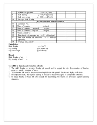 Calculation:
Bulk density ρ = M1/V
Dry density ρd = ρ/ (1+ ω)
Dry unit weight γd = 9.81×ρd
Result:
Bulk density of soil =
Dry density of soil =
Use of Field Density determination of soil:
1) The field density or in-place density of natural soil is needed for the determination of bearing
capacity, stability analysis of slope
2) To determine the vertical stresses at any depth below the ground due to over laying soil strata.
3) In compacted soils, the in-place density is needed to check the degree of compaction obtained.
4) In place density of back fills are needed for determining the lateral soil pressures against retaining
structures.
7 Volume of specimen V=Vw -Vp (ml)
8 Bulk density ρ = M1/V (gm/cm3)
9 Bulk unit weight γ = 9.81× ρ (kN/m3)
10 Average Bulk density
(B) Determination of water content
11 Container No.
12 Mass of container m1(gm)
13 Mass of container + wet soil m2(gm)
14 Mass of container +dry soil m3(gm)
15 Water content ‘ω’
16 Dry density of specimen ρd = ρ/ (1+ ω) (gm/cm3)
17 Dry unit weight of specimen γd = 9.81×ρd
(gm/cm3)
18 Average Dry density
 