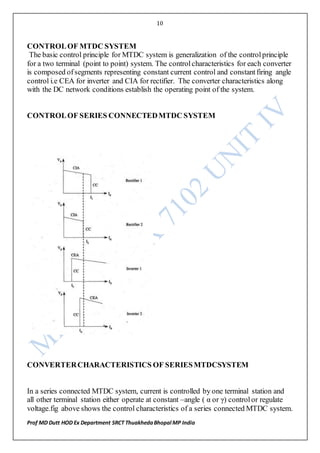 10
Prof MD Dutt HOD Ex Department SRCT ThuakhedaBhopal MP India
CONTROLOF MTDC SYSTEM
The basic control principle for MTDC system is generalization of the controlprinciple
for a two terminal (point to point) system. The controlcharacteristics for each converter
is composed ofsegments representing constant current control and constantfiring angle
control i.e CEA for inverter and CIA for rectifier. The converter characteristics along
with the DC network conditions establish the operating point of the system.
CONTROLOF SERIES CONNECTEDMTDC SYSTEM
CONVERTERCHARACTERISTICS OF SERIESMTDCSYSTEM
In a series connected MTDC system, current is controlled by one terminal station and
all other terminal station either operate at constant –angle ( α or γ) controlor regulate
voltage.fig above shows the control characteristics of a series connected MTDC system.
 