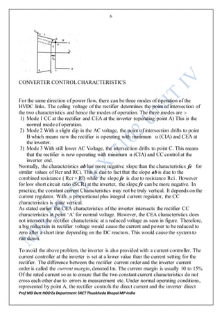 6
Prof MD Dutt HOD Ex Department SRCT ThuakhedaBhopal MP India
CONVERTER CONTROLCHARACTERISTICS
For the same direction of power flow, there can be three modes of operation of the
HVDC links. The ceiling voltage of the rectifier determines the point of intersection of
the two characteristics and hence the modes of operation. The three modes are :-
1) Mode 1 CC at the rectifier and CEA at the inverter (operating point A) This is the
normal mode of operation.
2) Mode 2 With a slight dip in the AC voltage, the point of intersection drifts to point
B which means now the rectifier is operating with minimum α (CIA) and CEA at
the inverter.
3) Mode 3 With still lower AC Voltage, the intersection drifts to point C. This means
that the rectifier is now operating with minimum α (CIA) and CC control at the
inverter end.
Normally, the characteristics ab has more negative slope than the characteristics fe for
similar values of Rcr and RCi. This is due to fact that the slope ab is due to the
combined resistance ( Rcr + Rl) while the slope fe is due to resistance Rci . However
for low short circuit ratio (SCR) at the inverter, the slope fe can be more negative. In
practice, the constant current Characteristics may not be truly vertical. It depends on the
current regulator. With a proportional plus integral current regulator, the CC
characteristics is quite vertical.
As stated earlier the CEA characteristics of the inverter intersects the rectifier CC
characteristics at point ‘A’ for normal voltage. However, the CEA characteristics does
not intersect the rectifier characteristic at a reduced voltage as seen in figure. Therefore,
a big reduction in rectifier voltage would cause the current and power to be reduced to
zero after a short time depending on the DC reactors. This would cause the system to
run down.
To avoid the above problem, the inverter is also provided with a current controller. The
current controller at the inverter is set at a lower value than the current setting for the
rectifier. The difference between the rectifier current order and the inverter current
order is called the current margin, denoted Im. The current margin is usually 10 to 15%
Of the rated current so as to ensure that the two constant current characteristics do not
cross each other due to errors in measurement etc. Under normal operating conditions,
represented by point A, the rectifier controls the direct current and the inverter direct
 