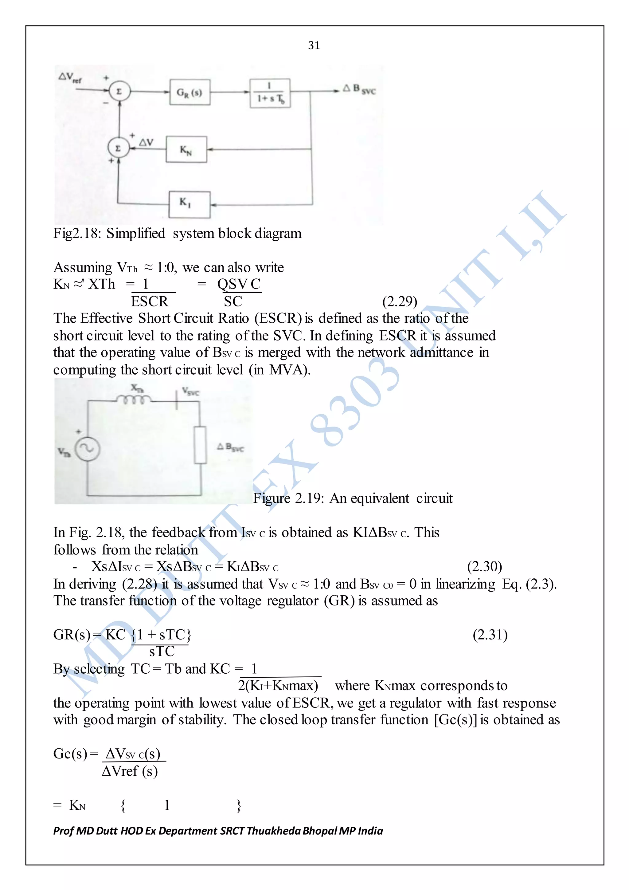31
Prof MD Dutt HOD Ex Department SRCT ThuakhedaBhopal MP India
Fig2.18: Simplified system block diagram
Assuming VTh ≈ 1:0, we can also write
KN ≈' XTh = 1 = QSV C
ESCR SC (2.29)
The Effective Short Circuit Ratio (ESCR)is defined as the ratio of the
short circuit level to the rating of the SVC. In defining ESCR it is assumed
that the operating value of BSV C is merged with the network admittance in
computing the short circuit level (in MVA).
Figure 2.19: An equivalent circuit
In Fig. 2.18, the feedback from ISV C is obtained as KIΔBSV C. This
follows from the relation
- XsΔISV C = XsΔBSV C = KIΔBSV C (2.30)
In deriving (2.28) it is assumed that VSV C ≈ 1:0 and BSV C0 = 0 in linearizing Eq. (2.3).
The transfer function of the voltage regulator (GR) is assumed as
GR(s)= KC {1 + sTC} (2.31)
sTC
By selecting TC = Tb and KC = 1
2(KI+KNmax) where KNmax correspondsto
the operating point with lowest value of ESCR, we get a regulator with fast response
with good margin of stability. The closed loop transfer function [Gc(s)]is obtained as
Gc(s)= ΔVSV C(s)
ΔVref (s)
= KN { 1 }
 