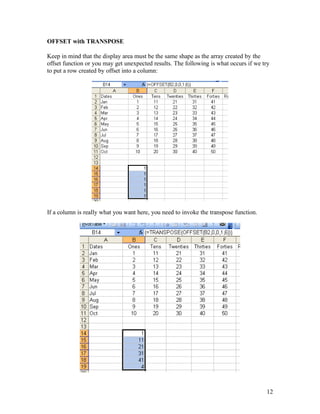 OFFSET with TRANSPOSE
Keep in mind that the display area must be the same shape as the array created by the
offset function or you may get unexpected results. The following is what occurs if we try
to put a row created by offset into a column:
If a column is really what you want here, you need to invoke the transpose function.
12
 