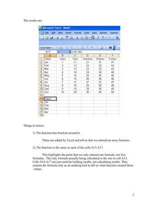 The results are:
Things to notice:
1) The function has brackets around it.
These are added by Excel and tell us that we entered an array function.
2) The function is the same in each of the cells A13:A17.
This highlights the point that we only entered one formula, not five
formulas. The only formula actually being calculated is the one in cell A13.
Cells A14:A17 are just used for holding results, not calculating results. They
contain the formula only as an auditing tool to tell us what function created these
values.
2
 