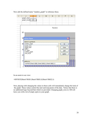 Now edit the defined name “random_graph” to reference these.
In an easier to see view:
=OFFSET(Sheet1!$G$1,Sheet1!$K$1,0,Sheet1!$K$2,1)
Now, playing with changing the values in those cells will immediately change the look of
the graph. These values control the start and stop points of the data. Notice that there is
no additional logic beyond that which we provided. Changing graph_rows to 100 will
leave you with a lot of empty spots in your graph.
28
 