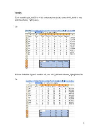 NOTES:
If you want the cell_anchor to be the corner of your results, set the rows_down to zero
and the columns_right to zero.
Ex:
You can also enter negative numbers for your rows_down or columns_right parameters.
Ex:
8
 