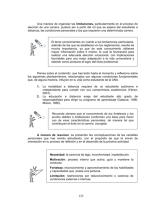 122
Una manera de organizar las limitaciones, particularmente en el proceso de
elección de una carrera, pudiera ser a partir del rol que se espera del estudiante a
distancia, las condiciones personales y las que requieren una determinada carrera.
El tener conocimientos en cuanto a tus limitaciones particulares,
además de las que se establecen en los reglamentos, resulta de
mucha importancia, ya que de este conocimiento obtienes
mayor información sobre ti mismo, lo cual te favorecerá para
realizar una adecuada elección vocacional, con implicaciones
favorables para una mejor adaptación a la vida universitaria y
obtener como producto el logro del título profesional.
Piensa sobre el contenido que has leído hasta el momento y reflexiona sobre
los siguientes planteamientos, relacionados con algunas condiciones fundamentales
que, de alguna manera, influyen en tu vida como estudiante de la UNA.
1. La modalidad a distancia requiere de un estudiante autónomo e
independiente para cumplir con sus compromisos académicos (Yánez,
2001).
2. La educación a distancia exige del estudiante alto grado de
responsabilidad para dirigir su programa de aprendizaje (Galarza, 1996;
Moore, 1988).
Recuerda siempre que el conocimiento de tus fortalezas y tus
puntos débiles o limitaciones conforman una base para hacer
uso de esas características personales, de manera tal que
contribuyan al éxito en la carrera escogida.
A manera de resumen, se presentan las conceptuaciones de las variables
personales que has venido estudiando, con el propósito de que te sirvan de
orientación en tu proceso de reflexión y en el desarrollo de la próxima actividad.
Necesidad: la carencia de algo, inconformidad, insatisfacción.
Motivación: proceso interno que activa, guía y mantiene la
conducta
Fortaleza: reconocimiento y aprovechamiento de las habilidades
y capacidades que posee una persona.
Limitación: restricciones por desconocimiento o carencia de
condiciones externas o internas.
 