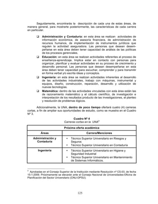 125
Seguidamente, encontrarás la descripción de cada una de estas áreas, de
manera general, para mostrarte posteriormente, las características de cada carrera
en particular.
q Administración y Contaduría: en esta área se realizan actividades de
información económica, de asesoría financiera, de administración de
recursos humanos, de implementación de instrumentos jurídicos que
regulen la actividad aseguradora. Las personas que desean desem-
peñarse en esta área deben tener capacidad de análisis de las políticas
de los procesos gerenciales.
q Educación: en esta área se realizan actividades referentes al proceso de
enseñanza-aprendizaje. Implica estar en contacto con personas para
organizar, planificar y evaluar actividades en su proceso de crecimiento y
desarrollo personal. Las personas que desean desempeñarse en esta
área deben tener capacidad para escuchar, comprender y para transmitir
en forma verbal y/o escrita ideas y conceptos.
q Ingeniería: en esta área se realizan actividades inherentes al desarrollo
de las actividades industriales, trabajo con máquinas, instrumental y
equipos, diseño, construcción, reparación, desarrollo y utilización de
nuevas tecnologías.
q Matemática: dentro de las actividades vinculadas con esta área están las
de razonamiento matemático y el cálculo científico, de investigación e
interpretación de los resultados producto de las investigaciones, el planteo
y resolución de problemas lógicos.
Adicionalmente, la UNA, dentro de poco tiempo ofertará cuatro (4) carreras
cortas, a fin de ampliar sus oportunidades de estudio, como se muestra en el Cuadro
Nº 3.
Cuadro Nº 4
Carreras cortas en la UNA4
Próxima oferta académica
Áreas Carrera/Menciones
Administración y
Contaduría
• Técnico Superior Universitario en Riesgos y
Seguros
• Técnico Superior Universitario en Contaduría
Ingeniería • Técnico Superior Universitario en Higiene y
Seguridad Industrial
• Técnico Superior Universitario en Mantenimiento
de Sistemas Informáticos.
4
Aprobadas en el Consejo Superior de la Institución mediante Resolución nº CS-03, de fecha
15-1-2009. Próximamente se elevarán ante el Consejo Nacional de Universidades-Oficina de
Planificación del Sector Universitario (CNU-OPSU).
 