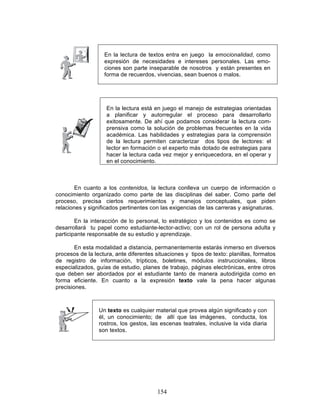 154
En cuanto a los contenidos, la lectura conlleva un cuerpo de información o
conocimiento organizado como parte de las disciplinas del saber. Como parte del
proceso, precisa ciertos requerimientos y manejos conceptuales, que piden
relaciones y significados pertinentes con las exigencias de las carreras y asignaturas.
En la interacción de lo personal, lo estratégico y los contenidos es como se
desarrollará tu papel como estudiante-lector-activo; con un rol de persona adulta y
participante responsable de su estudio y aprendizaje.
En esta modalidad a distancia, permanentemente estarás inmerso en diversos
procesos de la lectura, ante diferentes situaciones y tipos de texto: planillas, formatos
de registro de información, trípticos, boletines, módulos instruccionales, libros
especializados, guías de estudio, planes de trabajo, páginas electrónicas, entre otros
que deben ser abordados por el estudiante tanto de manera autodirigida como en
forma eficiente. En cuanto a la expresión texto vale la pena hacer algunas
precisiones.
Un texto es cualquier material que provea algún significado y con
él, un conocimiento; de allí que las imágenes, conducta, los
rostros, los gestos, las escenas teatrales, inclusive la vida diaria
son textos.
En la lectura de textos entra en juego la emocionalidad, como
expresión de necesidades e intereses personales. Las emo-
ciones son parte inseparable de nosotros y están presentes en
forma de recuerdos, vivencias, sean buenos o malos.
• En la lectura está en juego el manejo de estrategias orientadas
a planificar y autorregular el proceso para desarrollarlo
exitosamente. De ahí que podamos considerar la lectura com-
prensiva como la solución de problemas frecuentes en la vida
académica. Las habilidades y estrategias para la comprensión
de la lectura permiten caracterizar dos tipos de lectores: el
lector en formación o el experto más dotado de estrategias para
hacer la lectura cada vez mejor y enriquecedora, en el operar y
en el conocimiento.
 