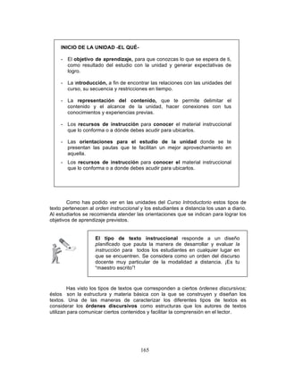 165
Como has podido ver en las unidades del Curso Introductorio estos tipos de
texto pertenecen al orden instruccional y los estudiantes a distancia los usan a diario.
Al estudiarlos se recomienda atender las orientaciones que se indican para lograr los
objetivos de aprendizaje previstos.
Has visto los tipos de textos que corresponden a ciertos órdenes discursivos;
éstos son la estructura y materia básica con la que se construyen y diseñan los
textos. Una de las maneras de caracterizar los diferentes tipos de textos es
considerar los órdenes discursivos como estructuras que los autores de textos
utilizan para comunicar ciertos contenidos y facilitar la comprensión en el lector.
El tipo de texto instruccional responde a un diseño
planificado que pauta la manera de desarrollar y evaluar la
instrucción para todos los estudiantes en cualquier lugar en
que se encuentren. Se considera como un orden del discurso
docente muy particular de la modalidad a distancia. ¡Es tu
“maestro escrito”!
INICIO DE LA UNIDAD -EL QUÉ-
- El objetivo de aprendizaje, para que conozcas lo que se espera de ti,
como resultado del estudio con la unidad y generar expectativas de
logro.
- La introducción, a fin de encontrar las relaciones con las unidades del
curso, su secuencia y restricciones en tiempo.
- La representación del contenido, que te permite delimitar el
contenido y el alcance de la unidad, hacer conexiones con tus
conocimientos y experiencias previas.
- Los recursos de instrucción para conocer el material instruccional
que lo conforma o a dónde debes acudir para ubicarlos.
- Las orientaciones para el estudio de la unidad donde se te
presentan las pautas que te facilitan un mejor aprovechamiento en
aquella.
- Los recursos de instrucción para conocer el material instruccional
que lo conforma o a donde debes acudir para ubicarlos.
 