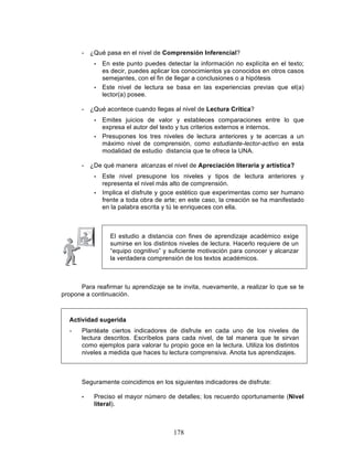 178
- ¿Qué pasa en el nivel de Comprensión Inferencial?
• En este punto puedes detectar la información no explícita en el texto;
es decir, puedes aplicar los conocimientos ya conocidos en otros casos
semejantes, con el fin de llegar a conclusiones o a hipótesis
• Este nivel de lectura se basa en las experiencias previas que el(a)
lector(a) posee.
- ¿Qué acontece cuando llegas al nivel de Lectura Crítica?
• Emites juicios de valor y estableces comparaciones entre lo que
expresa el autor del texto y tus criterios externos e internos.
• Presupones los tres niveles de lectura anteriores y te acercas a un
máximo nivel de comprensión, como estudiante-lector-activo en esta
modalidad de estudio distancia que te ofrece la UNA.
- ¿De qué manera alcanzas el nivel de Apreciación literaria y artística?
• Este nivel presupone los niveles y tipos de lectura anteriores y
representa el nivel más alto de comprensión.
• Implica el disfrute y goce estético que experimentas como ser humano
frente a toda obra de arte; en este caso, la creación se ha manifestado
en la palabra escrita y tú te enriqueces con ella.
El estudio a distancia con fines de aprendizaje académico exige
sumirse en los distintos niveles de lectura. Hacerlo requiere de un
“equipo cognitivo” y suficiente motivación para conocer y alcanzar
la verdadera comprensión de los textos académicos.
Para reafirmar tu aprendizaje se te invita, nuevamente, a realizar lo que se te
propone a continuación.
Actividad sugerida
- Plantéate ciertos indicadores de disfrute en cada uno de los niveles de
lectura descritos. Escríbelos para cada nivel, de tal manera que te sirvan
como ejemplos para valorar tu propio goce en la lectura. Utiliza los distintos
niveles a medida que haces tu lectura comprensiva. Anota tus aprendizajes.
Seguramente coincidimos en los siguientes indicadores de disfrute:
• Preciso el mayor número de detalles; los recuerdo oportunamente (Nivel
literal).
 